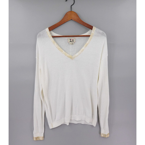 Label +Thread Goldie V Sweater Womens Medium Cream Knit Minimalist Timeless - Picture 1 of 16